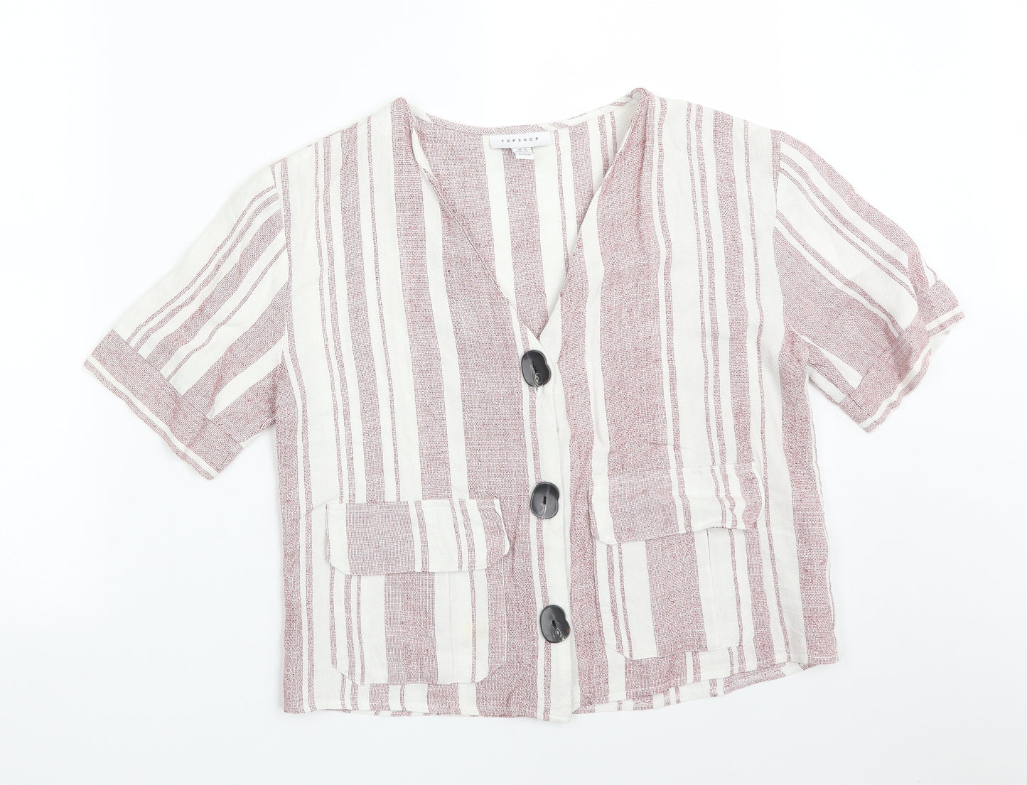 Topshop Womens Multicoloured Striped Viscose Basic Button-Up Size 10 V-Neck