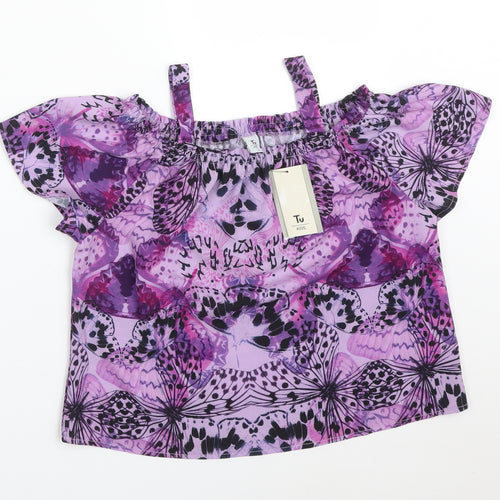 TU Girls Purple Floral Polyester Basic T-Shirt Size 10 Years Off the Shoulder  - BUTTERFLY