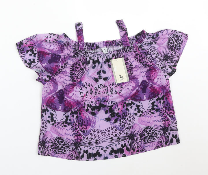 TU Girls Purple Floral Polyester Basic T-Shirt Size 10 Years Off the Shoulder  - BUTTERFLY