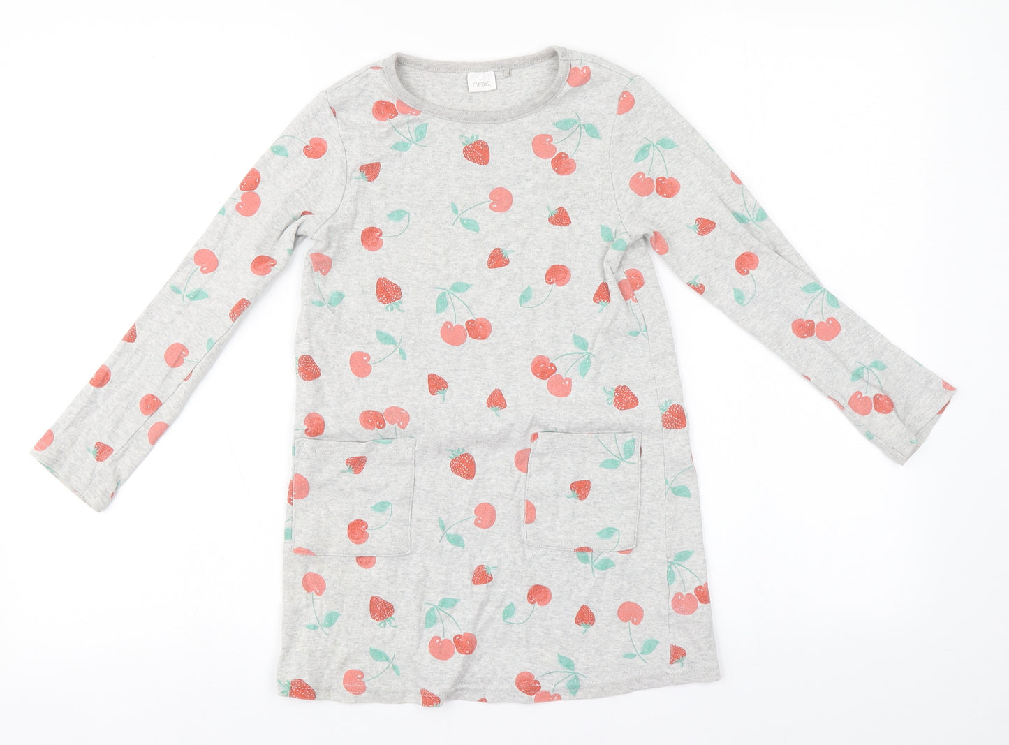 NEXT Girls Grey Floral Cotton A-Line  Size 7 Years  Round Neck  - Cherries