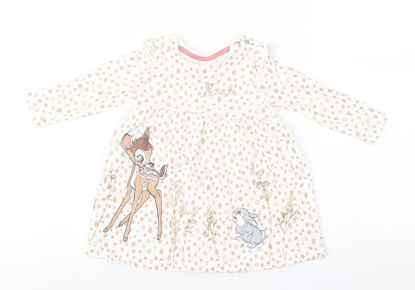 Disney Girls White Geometric Cotton A-Line  Size 6-9 Months  Round Neck  - Bambi and Thumper
