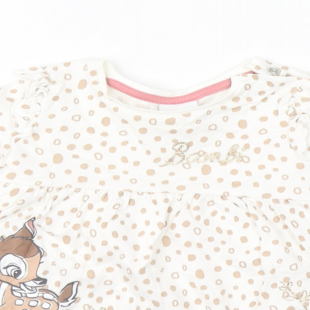 Disney Girls White Geometric Cotton A-Line  Size 6-9 Months  Round Neck  - Bambi and Thumper