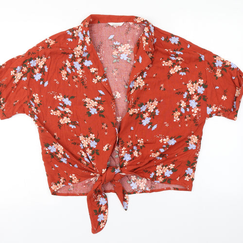 Springfield Womens Red Floral Viscose Basic Button-Up Size 12 Collared