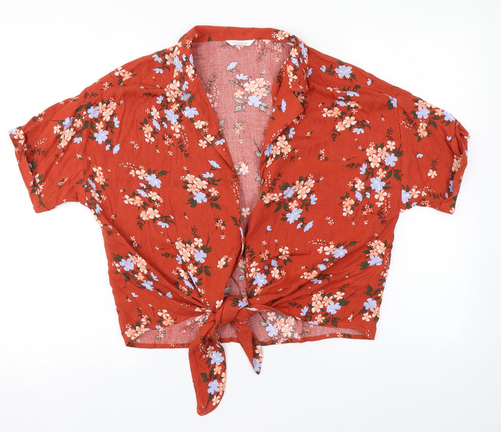 Springfield Womens Red Floral Viscose Basic Button-Up Size 12 Collared