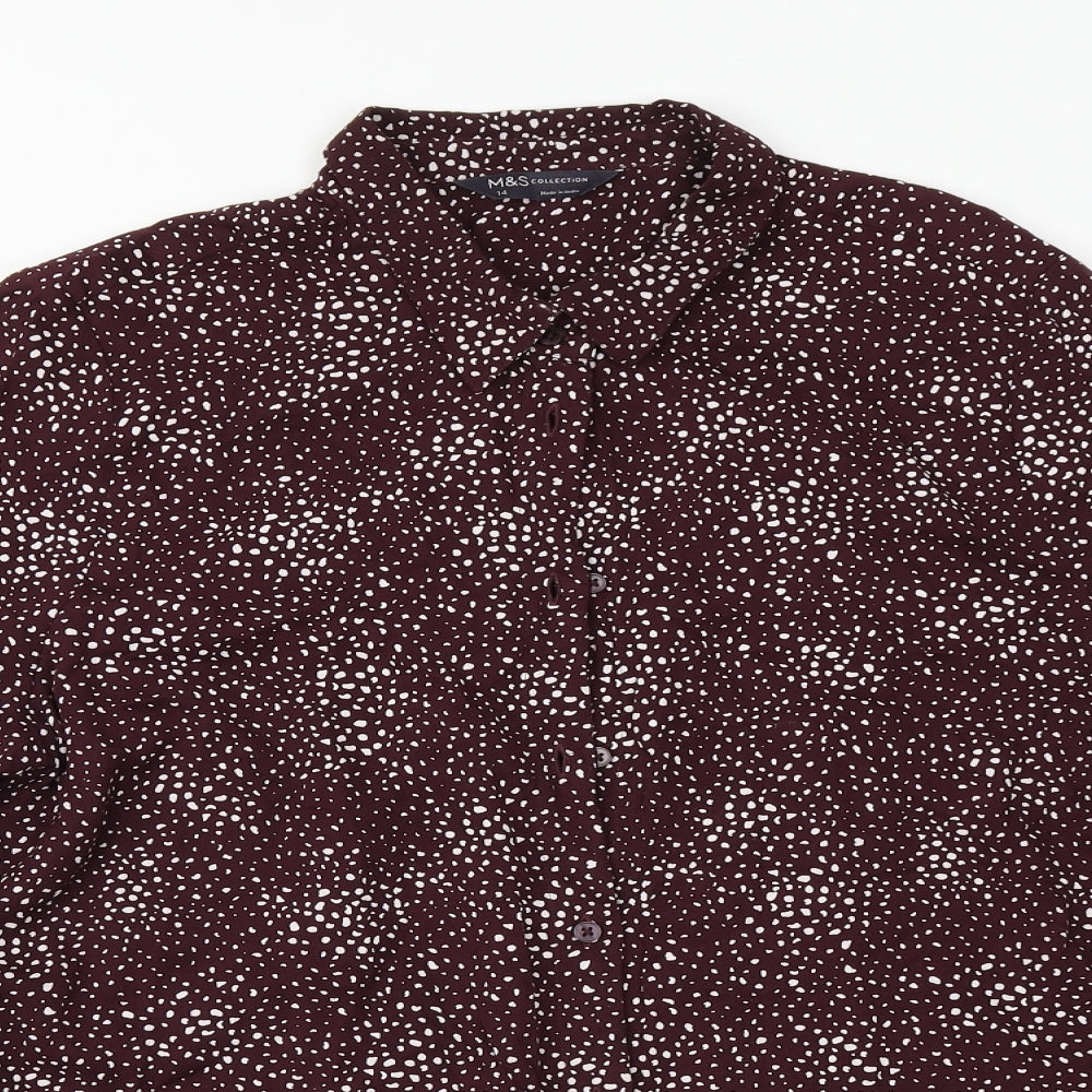 Marks and Spencer Womens Black Animal Print Viscose Basic Button-Up Size 14 Collared
