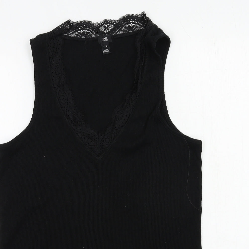 River Island Womens Black  100% Cotton Basic Blouse Size 16 V-Neck