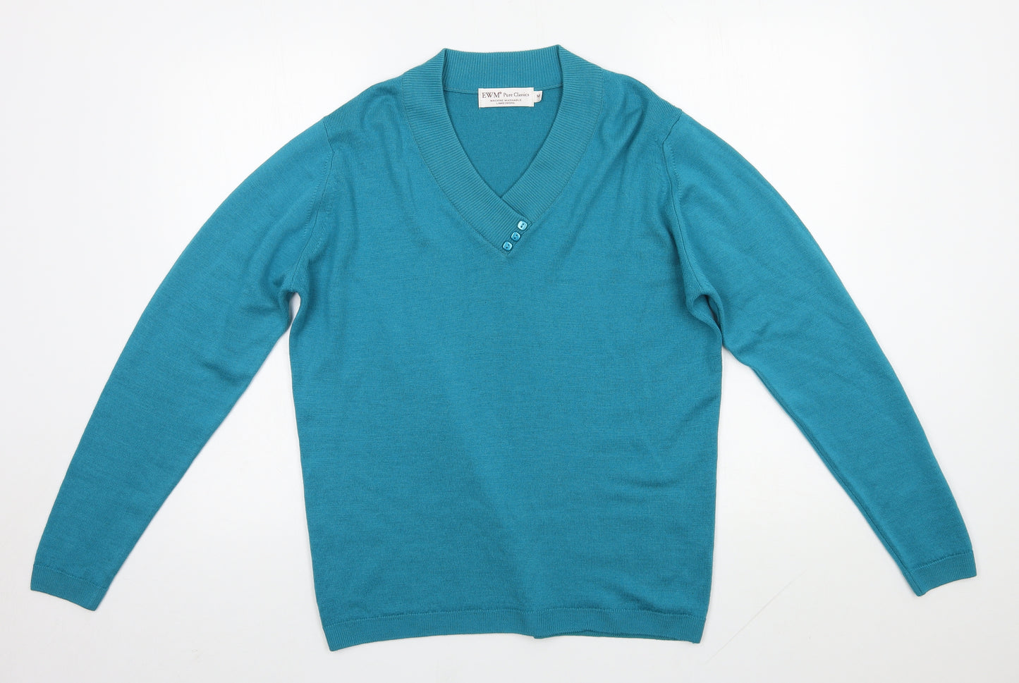 EWM Womens Blue V-Neck  Wool Pullover Jumper Size M