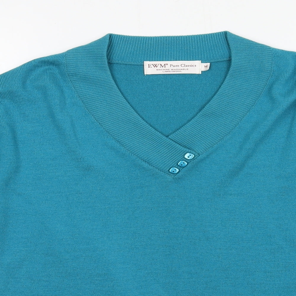 EWM Womens Blue V-Neck  Wool Pullover Jumper Size M