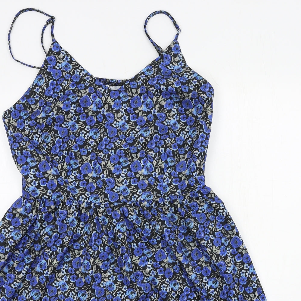 SheIn Womens Blue Floral Polyester A-Line  Size L  V-Neck