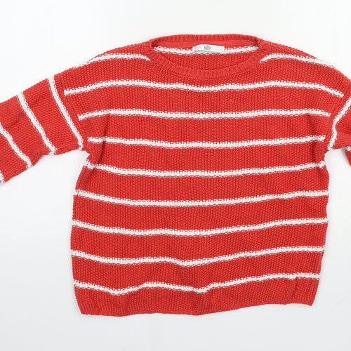 M&S Girls Orange Round Neck Striped 100% Cotton Pullover Jumper Size 12-13 Years