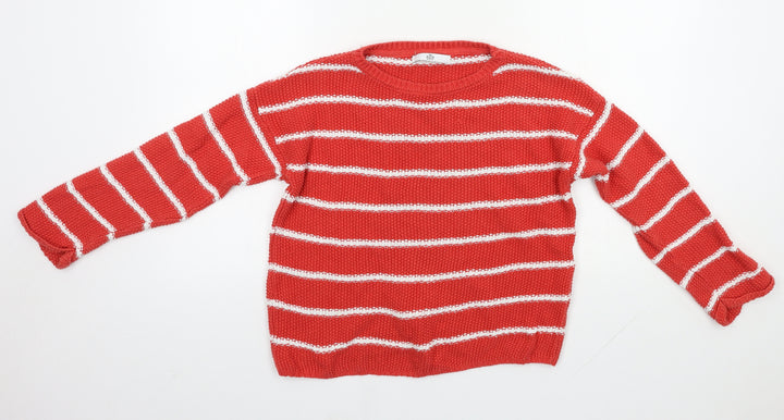 M&S Girls Orange Round Neck Striped 100% Cotton Pullover Jumper Size 12-13 Years