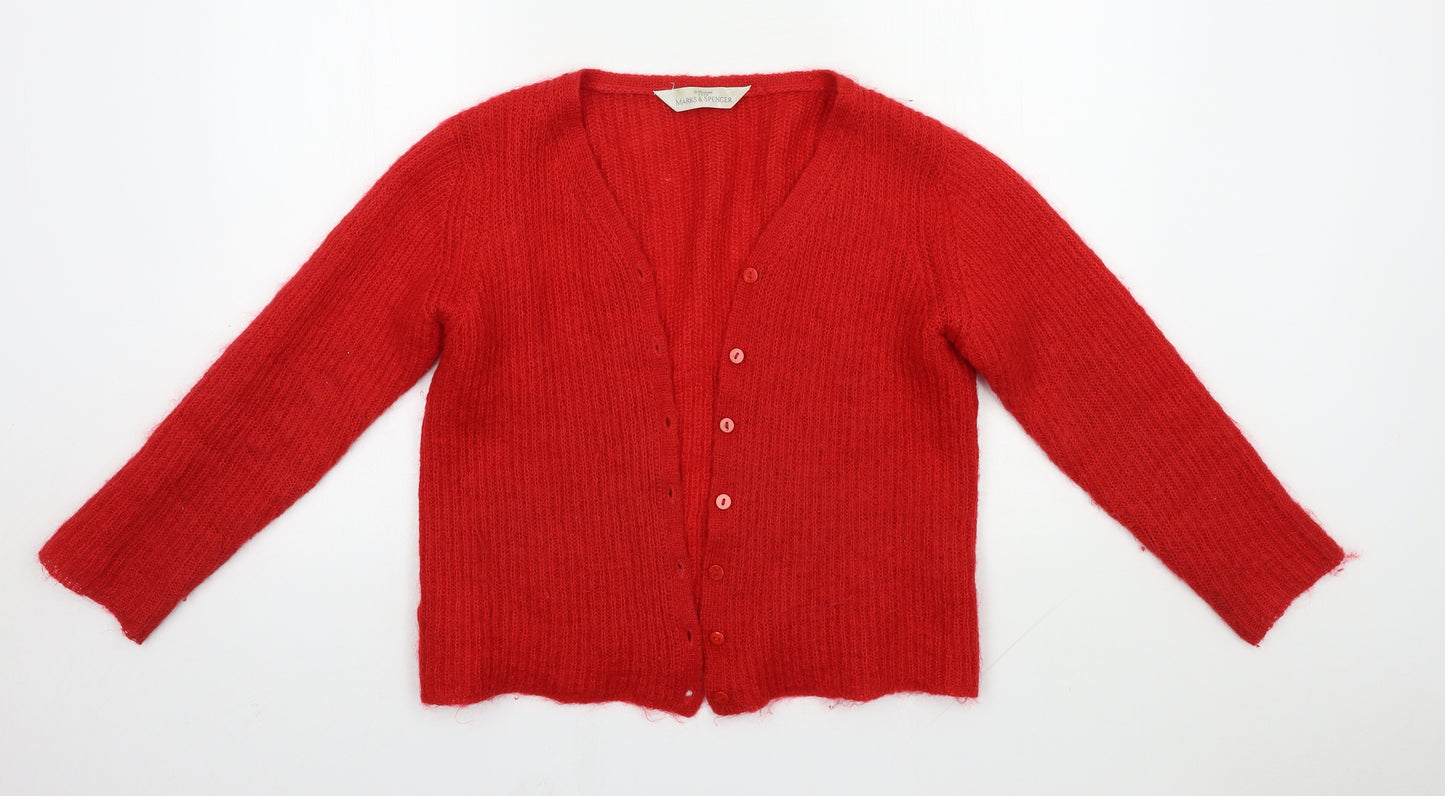 M&S Womens Red Round Neck  Acrylic Cardigan Jumper Size 10