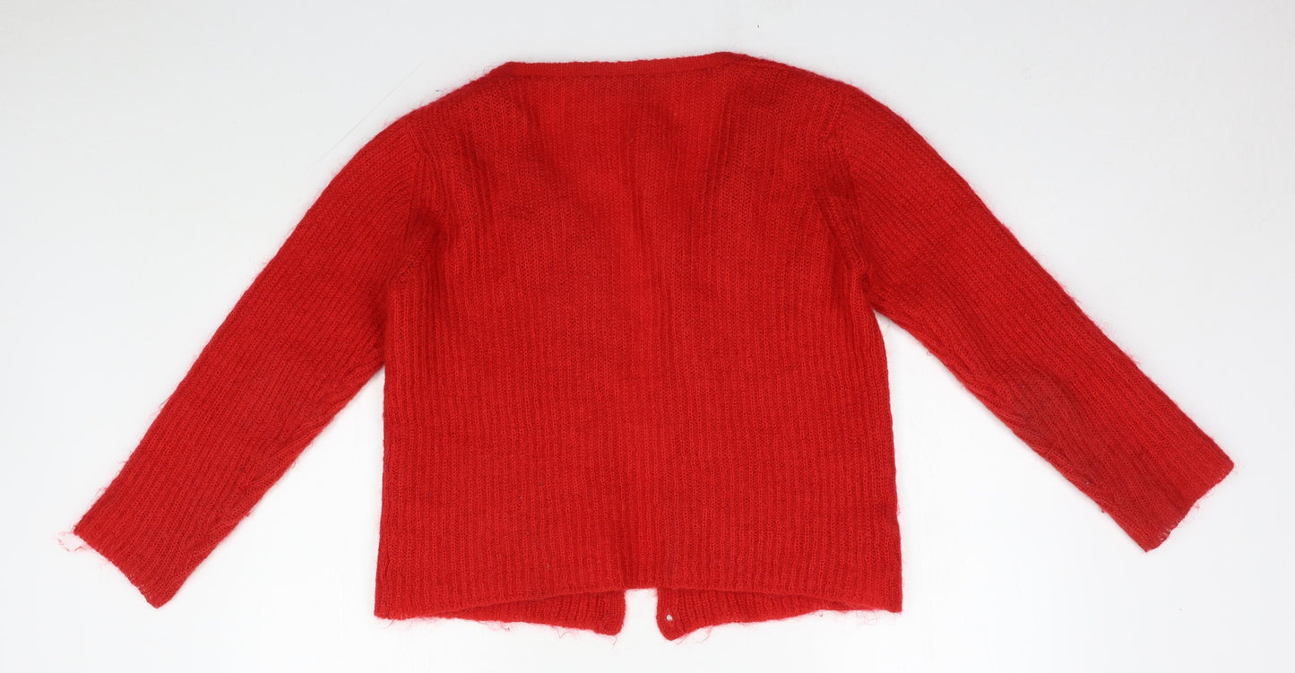 M&S Womens Red Round Neck  Acrylic Cardigan Jumper Size 10