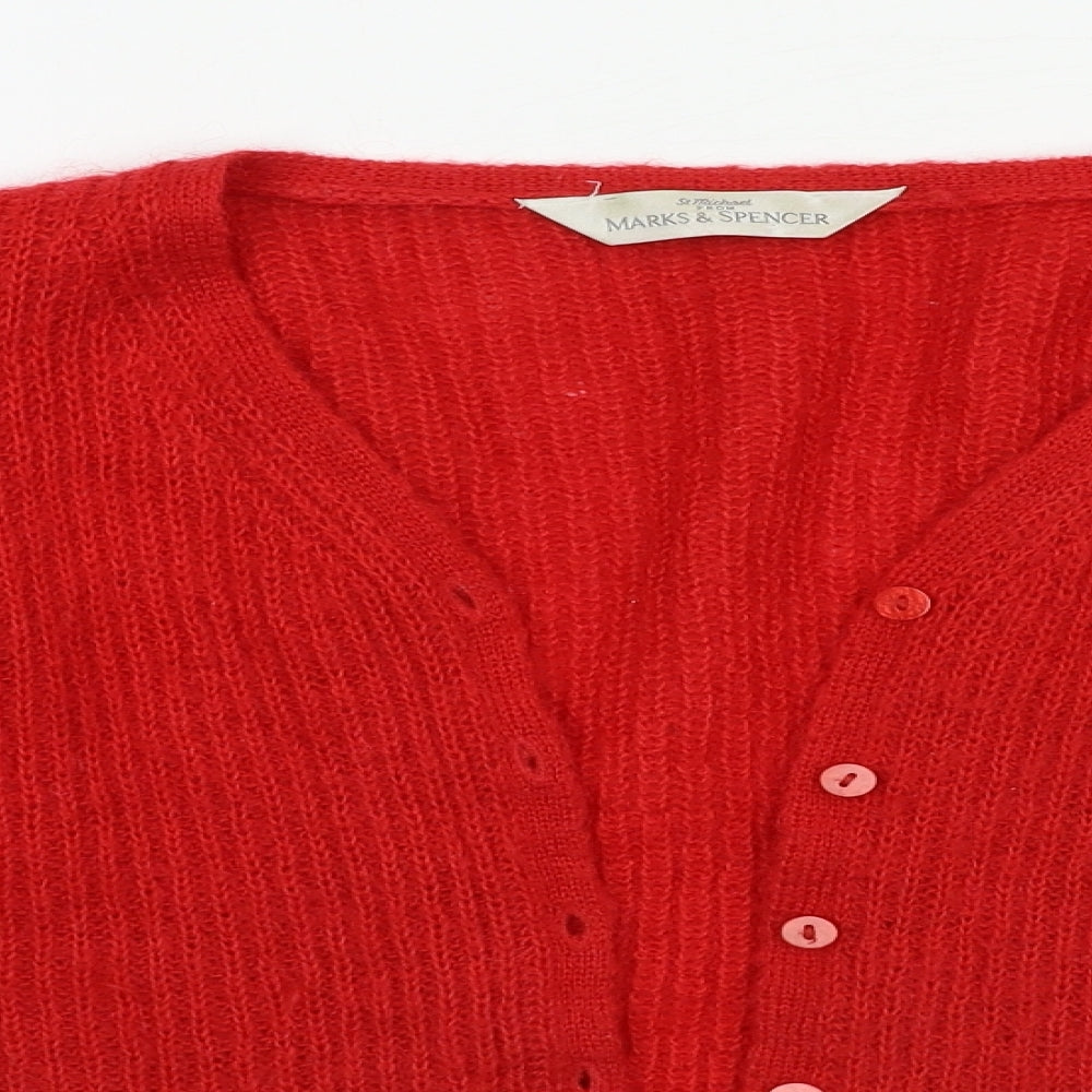 M&S Womens Red Round Neck  Acrylic Cardigan Jumper Size 10