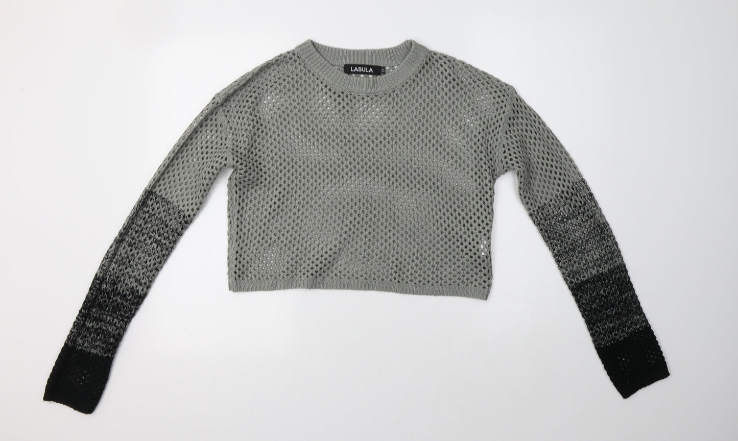 Lasula Womens Grey Crew Neck Striped Acrylic Pullover Jumper Size 12