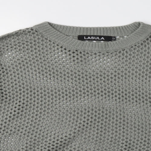 Lasula Womens Grey Crew Neck Striped Acrylic Pullover Jumper Size 12