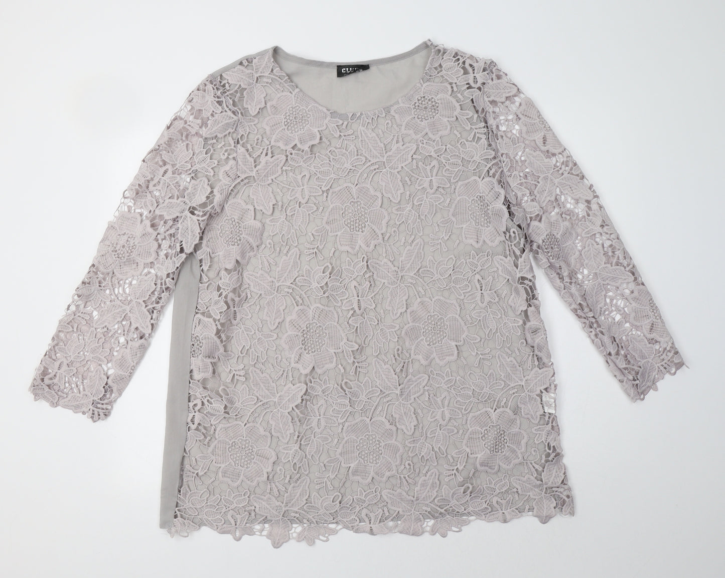 Club L Womens Grey Floral Polyester Basic Blouse Size 24 Crew Neck - Lace Overlay