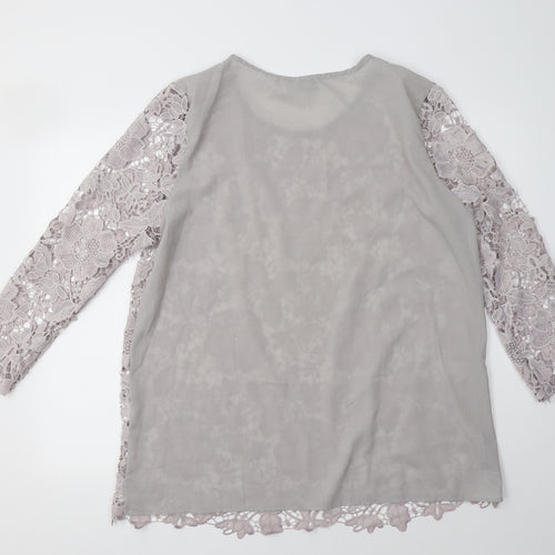 Club L Womens Grey Floral Polyester Basic Blouse Size 24 Crew Neck - Lace Overlay