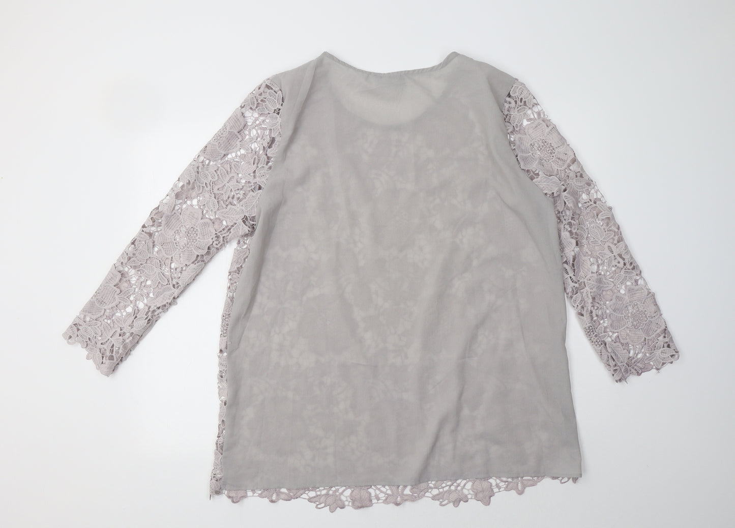 Club L Womens Grey Floral Polyester Basic Blouse Size 24 Crew Neck - Lace Overlay