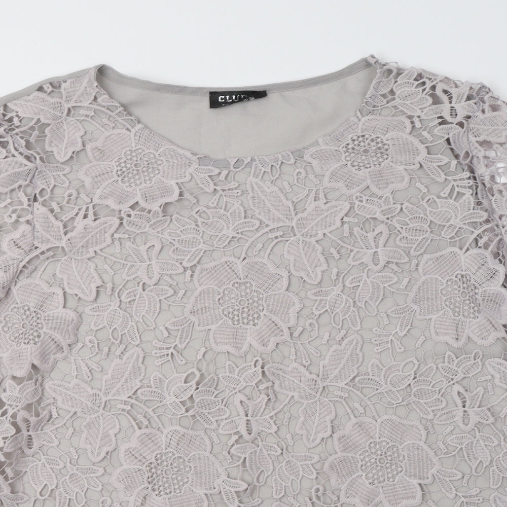 Club L Womens Grey Floral Polyester Basic Blouse Size 24 Crew Neck - Lace Overlay