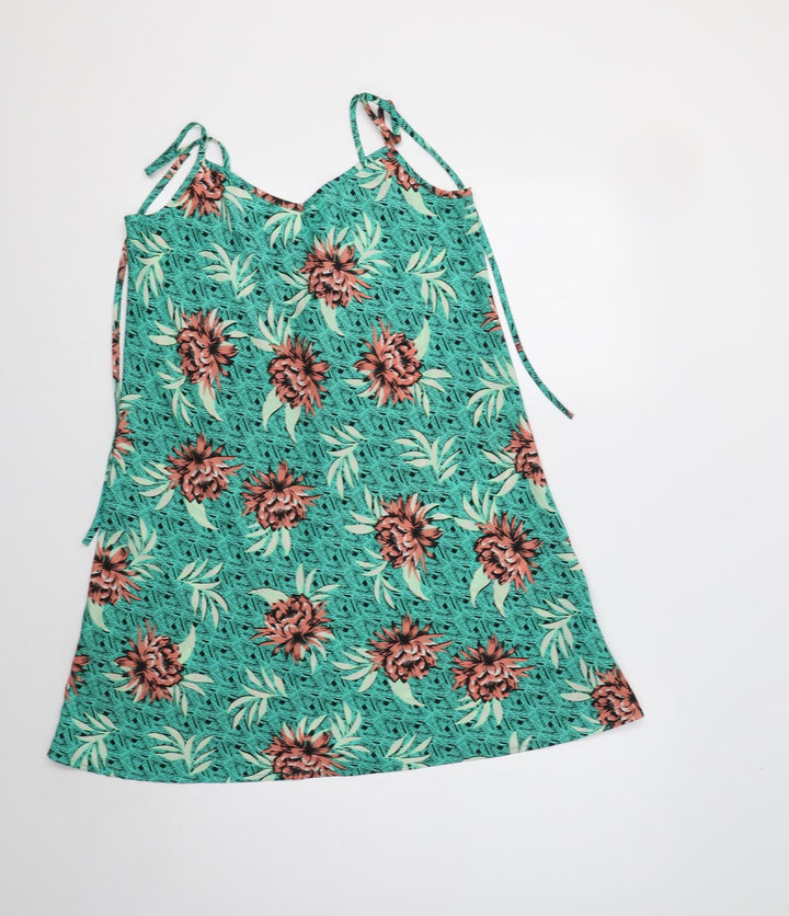 New Look Womens Green Floral Polyester A-Line Size 8 V-Neck