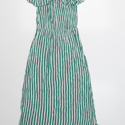 H&M Womens Green Striped Viscose A-Line  Size 8  Off the Shoulder