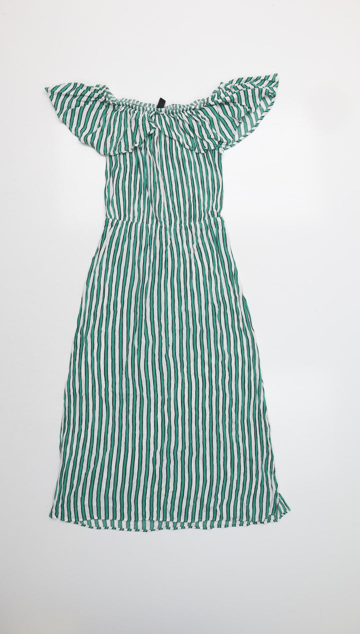H&M Womens Green Striped Viscose A-Line  Size 8  Off the Shoulder