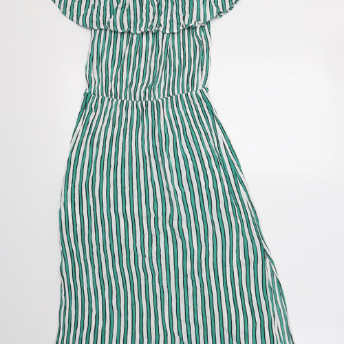 H&M Womens Green Striped Viscose A-Line  Size 8  Off the Shoulder