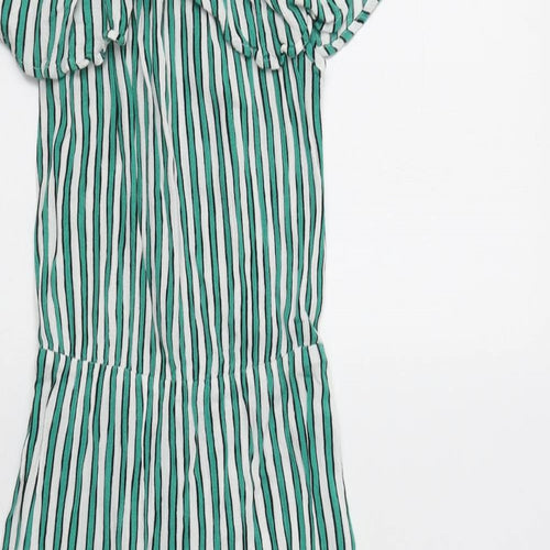 H&M Womens Green Striped Viscose A-Line  Size 8  Off the Shoulder