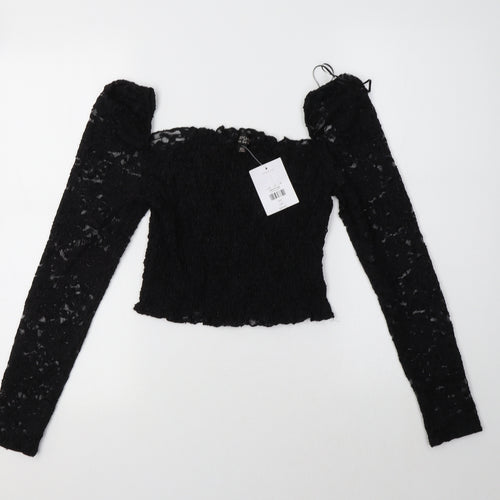 Topshop Womens Black  Nylon Cropped Blouse Size 14 Square Neck