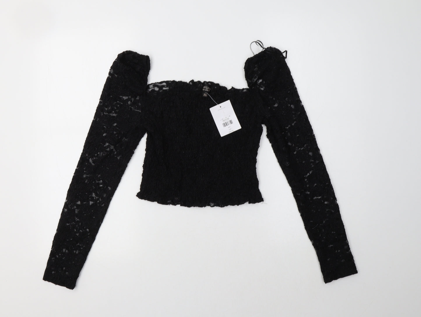 Topshop Womens Black  Nylon Cropped Blouse Size 14 Square Neck