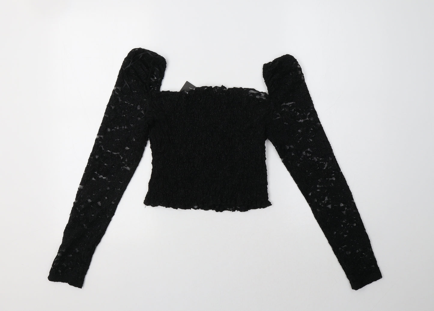 Topshop Womens Black  Nylon Cropped Blouse Size 14 Square Neck