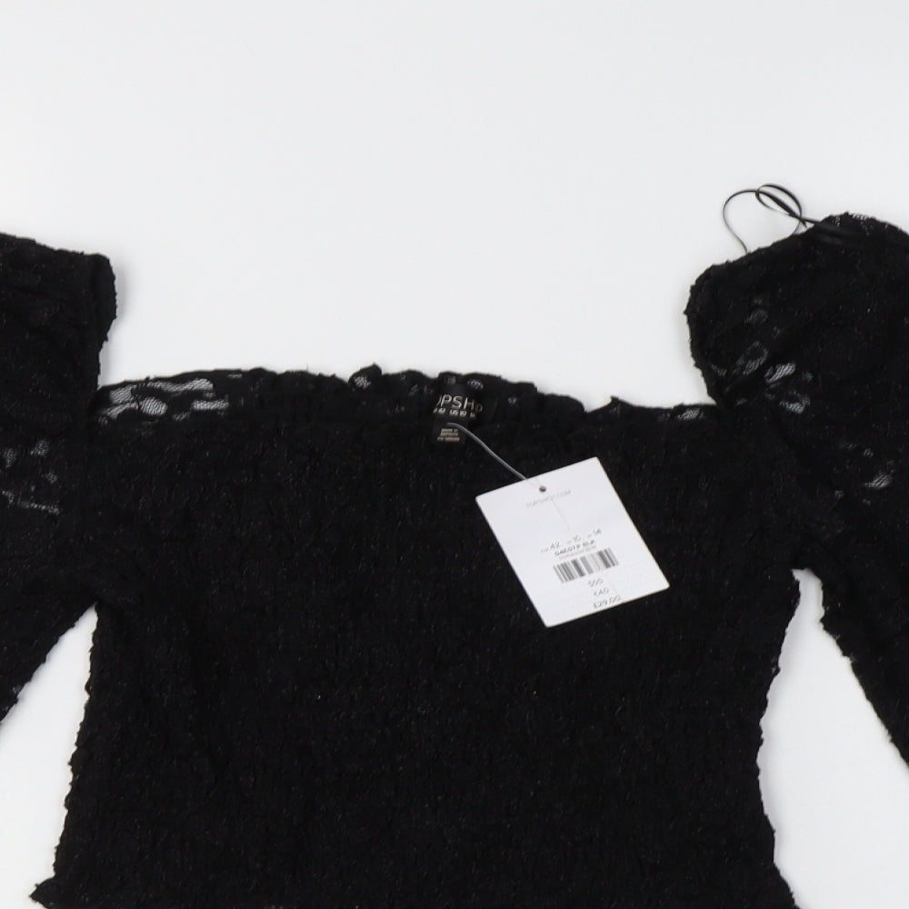 Topshop Womens Black  Nylon Cropped Blouse Size 14 Square Neck