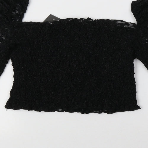 Topshop Womens Black  Nylon Cropped Blouse Size 14 Square Neck