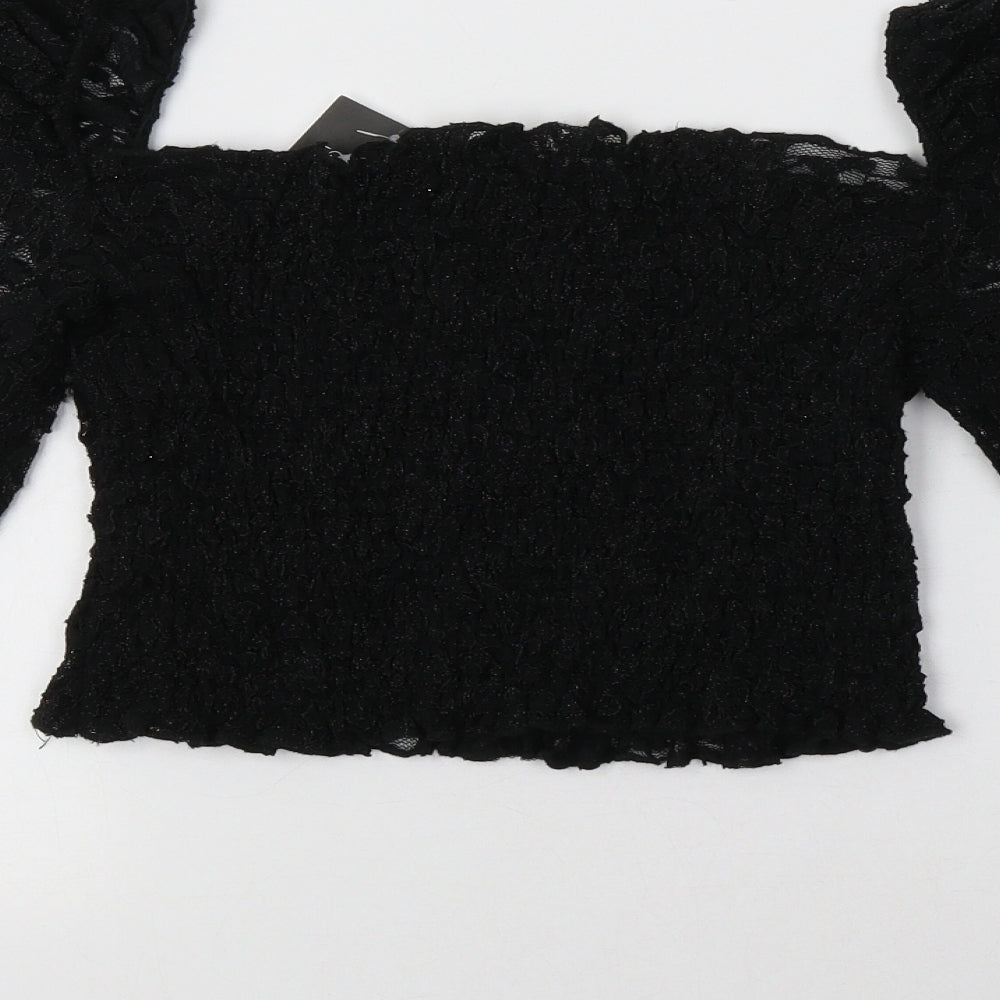 Topshop Womens Black  Nylon Cropped Blouse Size 14 Square Neck