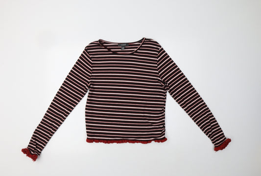 Front view of Primark women’s black striped polyester basic t-shirt, size L, crew neck
