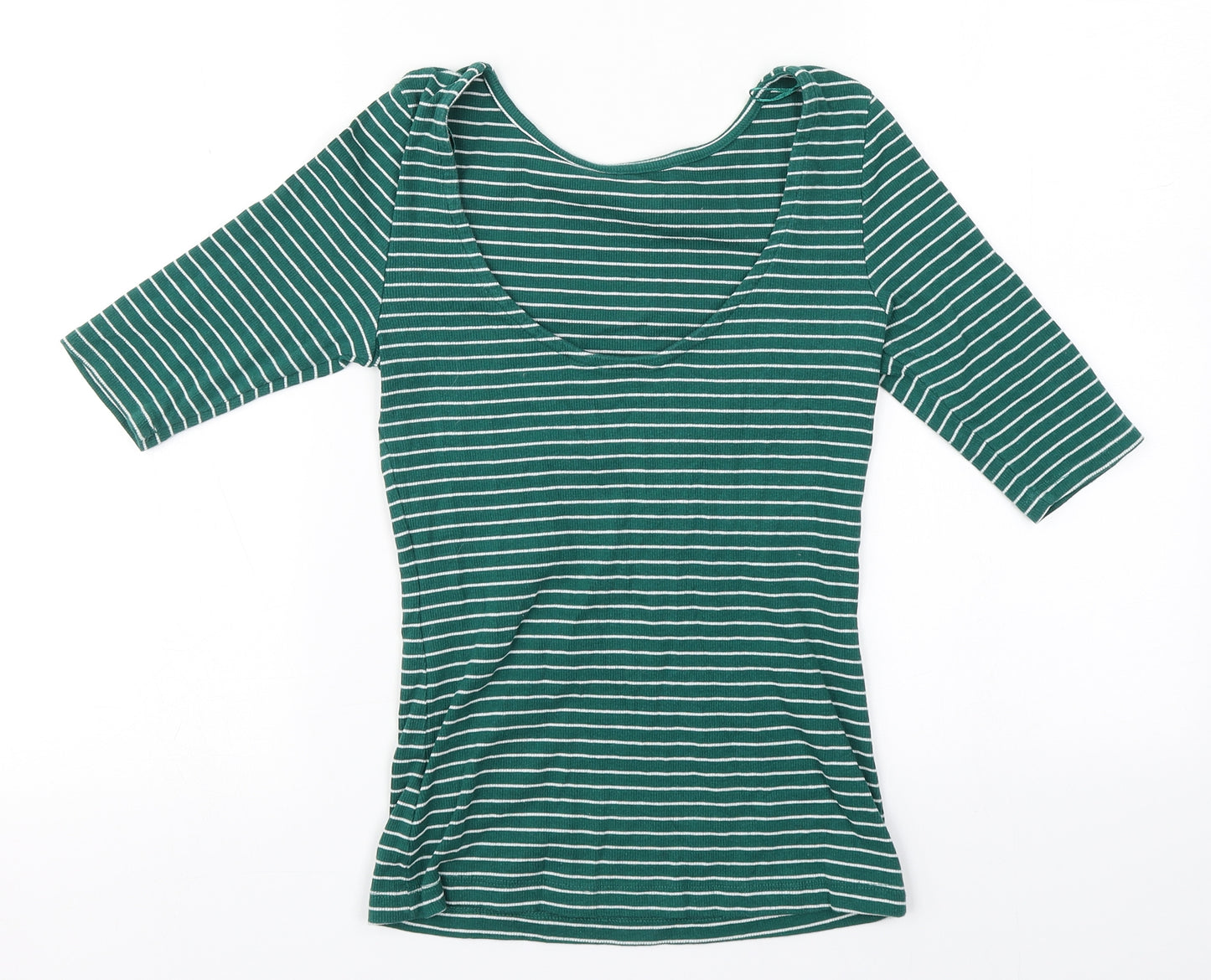 F&F Womens Green Striped Cotton Basic T-Shirt Size 8 Round Neck