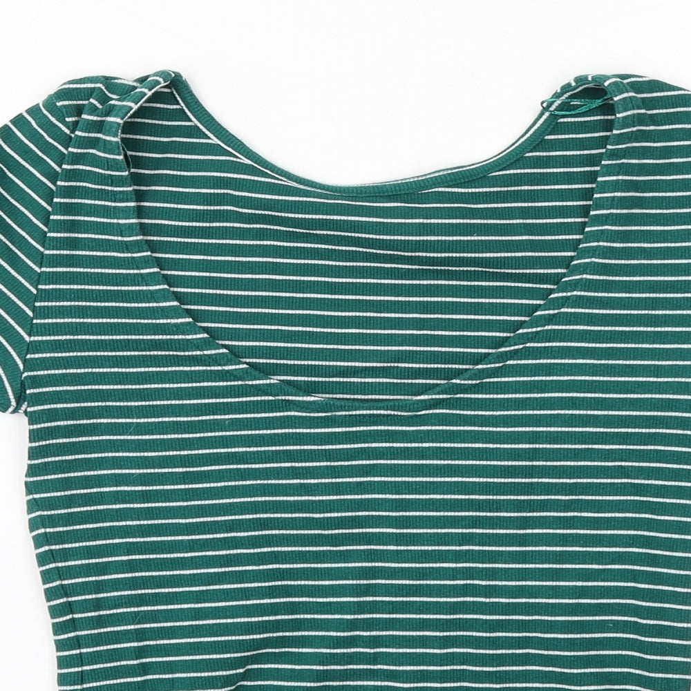 F&F Womens Green Striped Cotton Basic T-Shirt Size 8 Round Neck