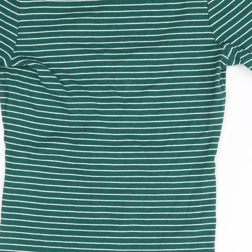 F&F Womens Green Striped Cotton Basic T-Shirt Size 8 Round Neck