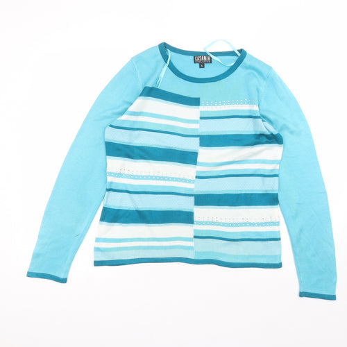 casamia Womens Blue Striped Acrylic Basic T-Shirt Size S Round Neck