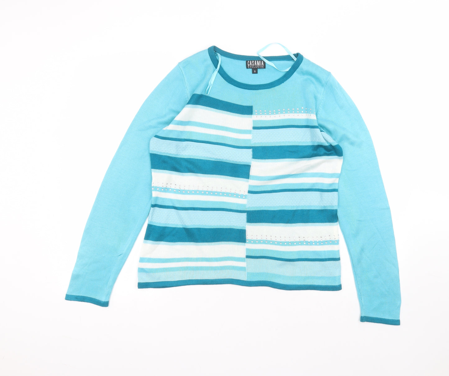 casamia Womens Blue Striped Acrylic Basic T-Shirt Size S Round Neck