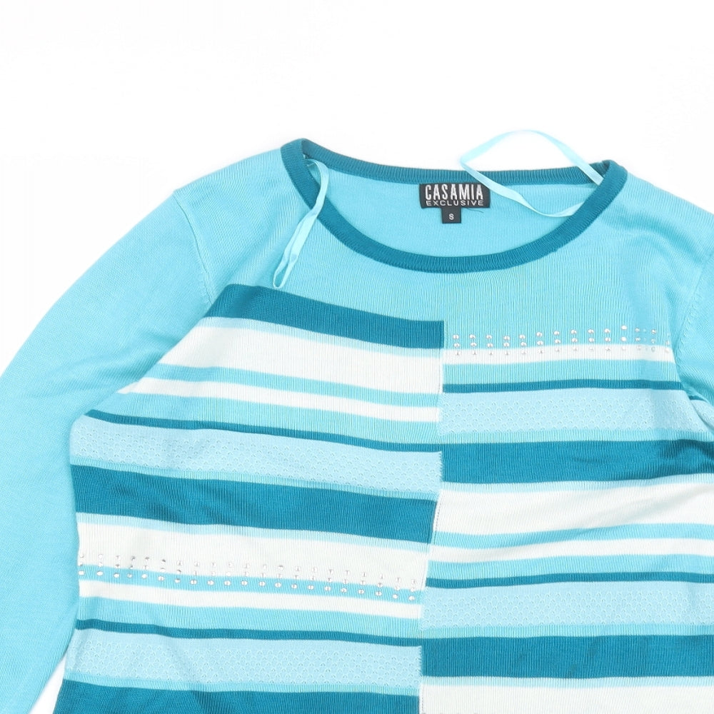 casamia Womens Blue Striped Acrylic Basic T-Shirt Size S Round Neck