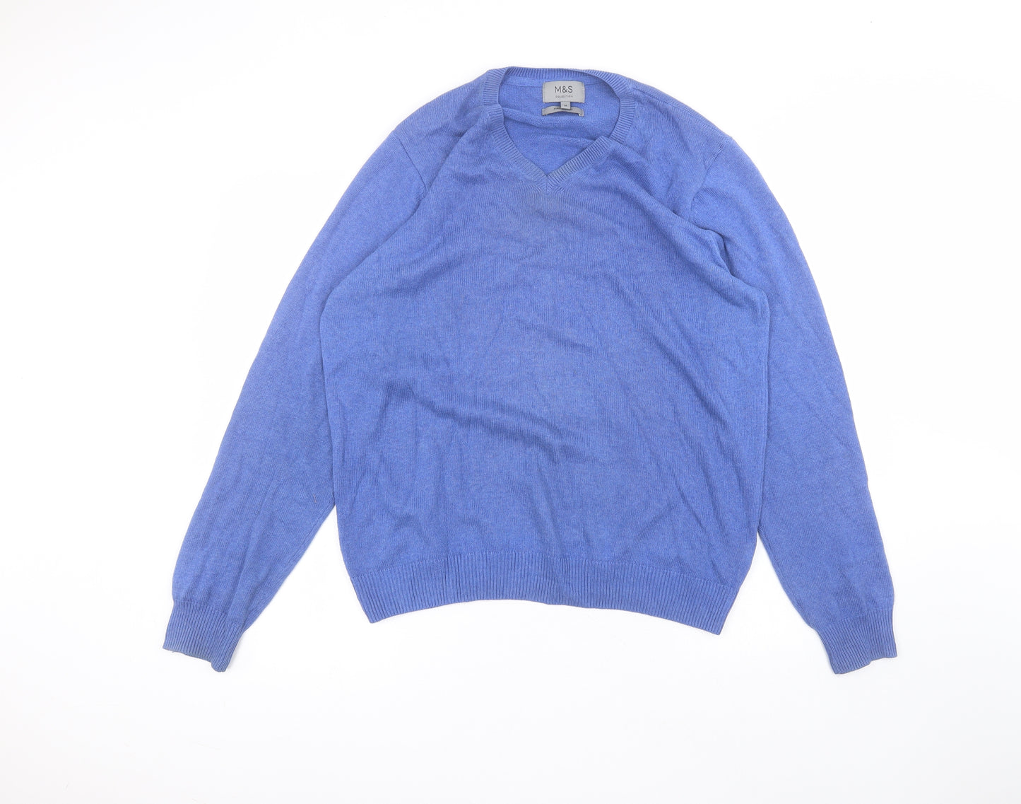 Marks and Spencer Mens Blue V-Neck  Cotton Pullover Jumper Size M