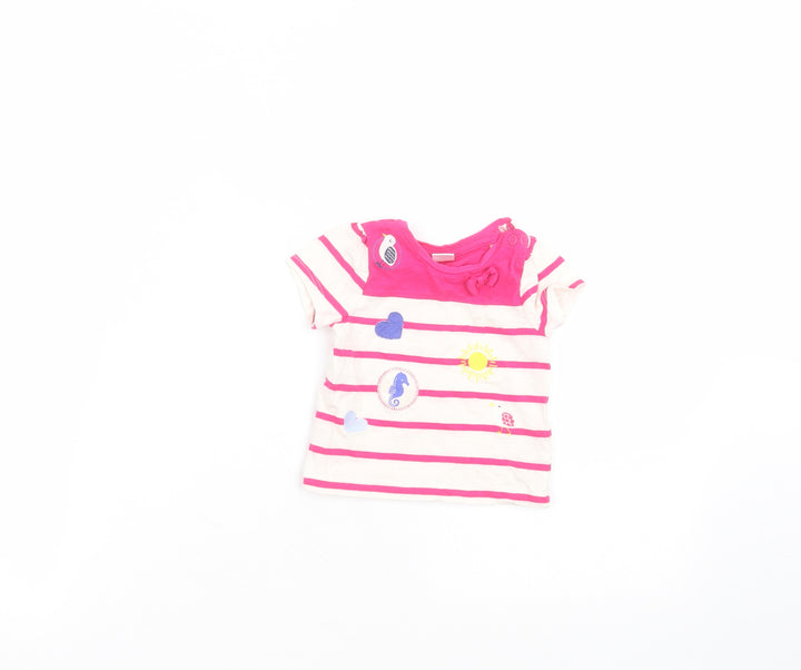 Mini Club Baby White Striped Cotton Basic T-Shirt Size 0-3 Months Round Neck