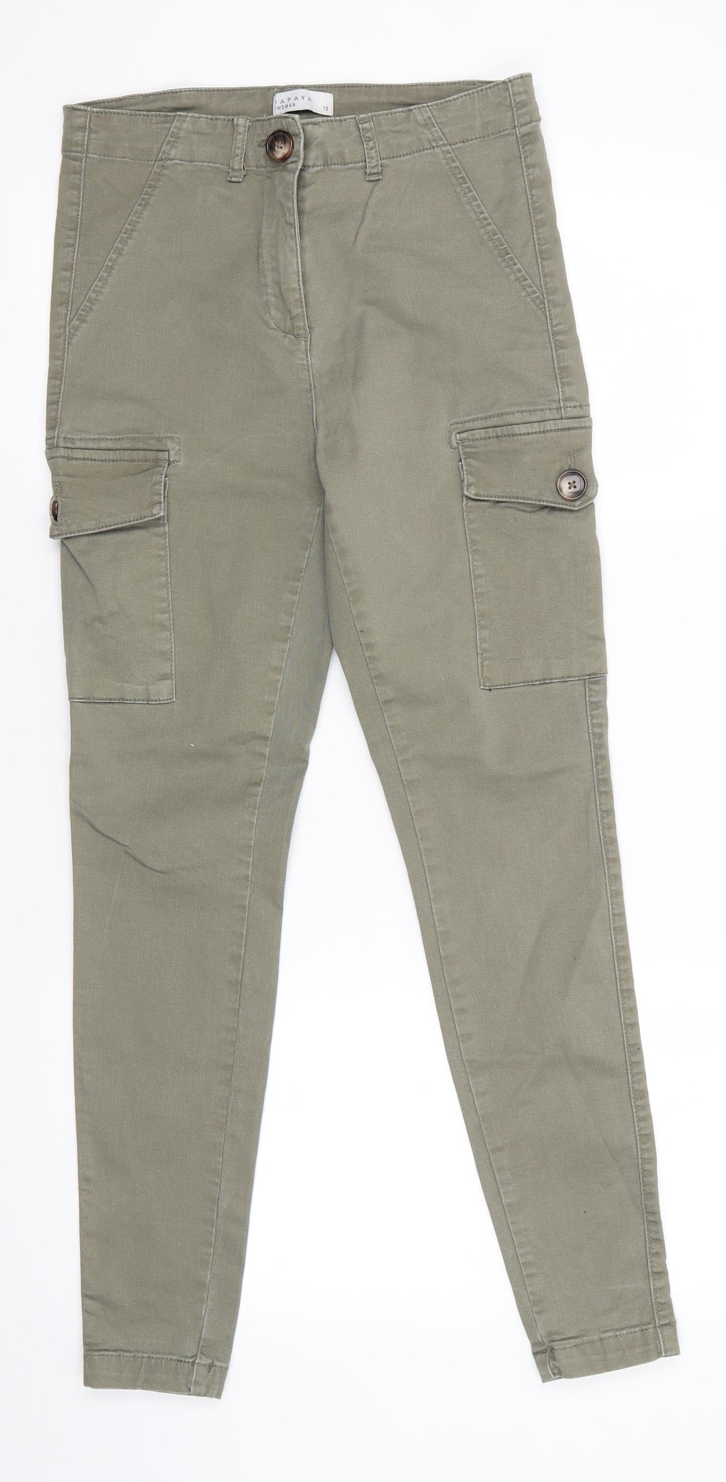Papaya Womens Green  Cotton Cargo Trousers Size 10 L28 in Regular  - Skinny Pale Khaki