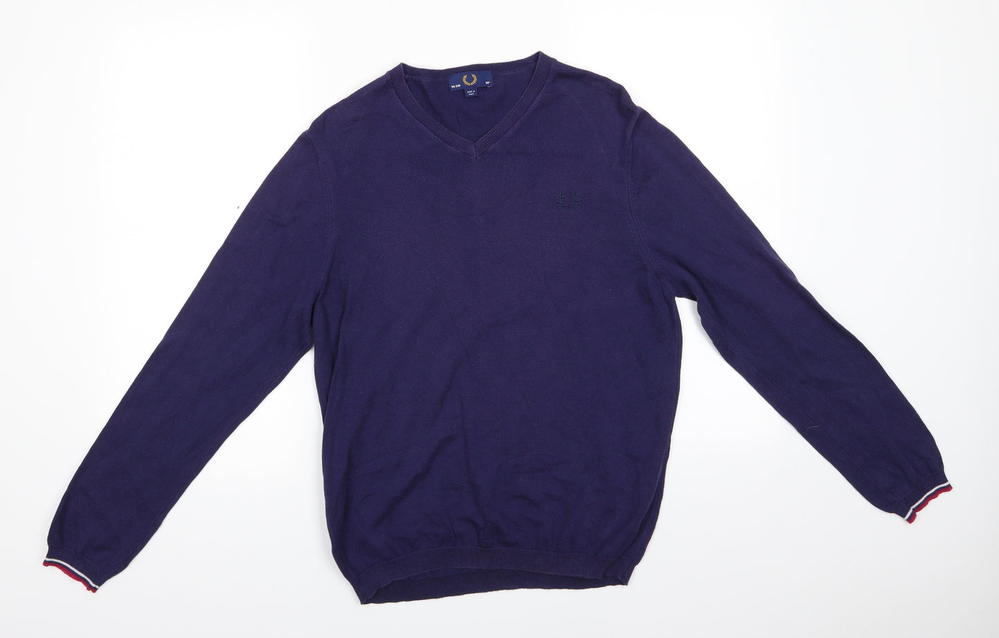 Fred Perry Mens Blue V-Neck  Cotton Pullover Jumper Size M   - Navy Blue