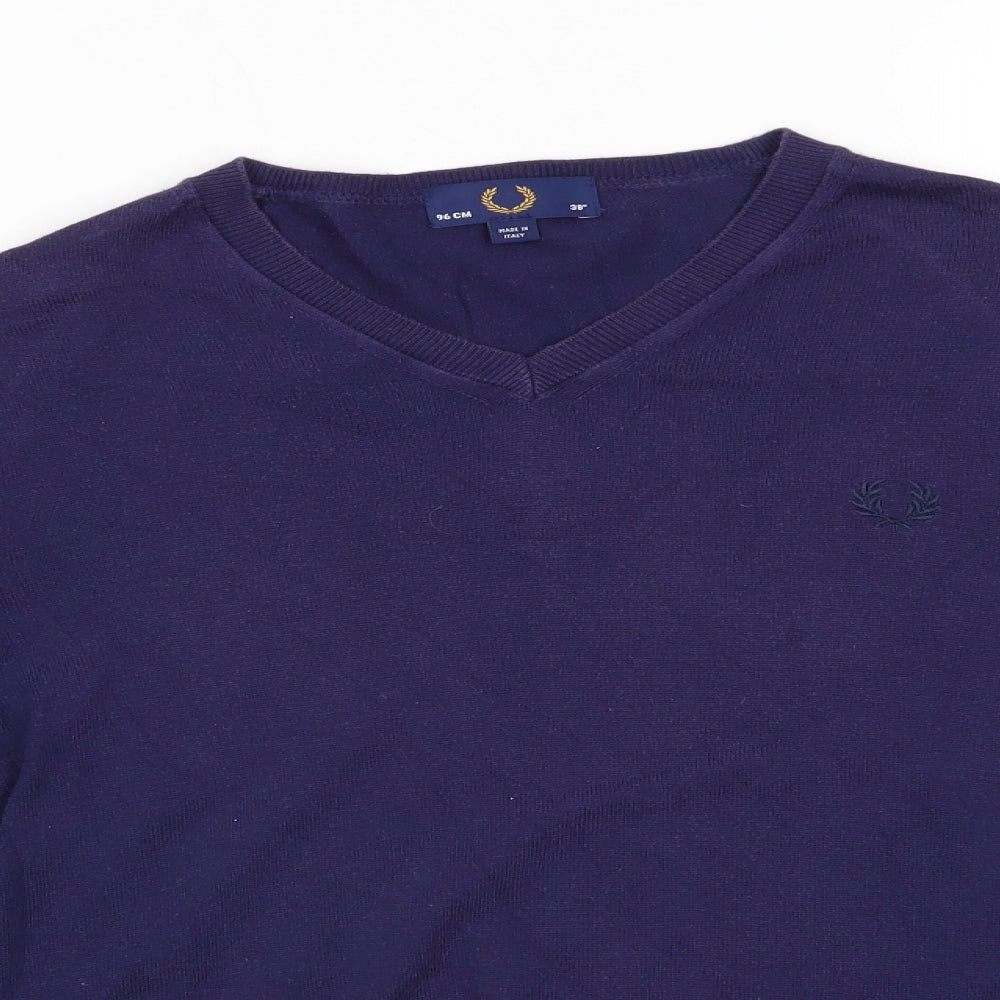 Fred Perry Mens Blue V-Neck  Cotton Pullover Jumper Size M   - Navy Blue