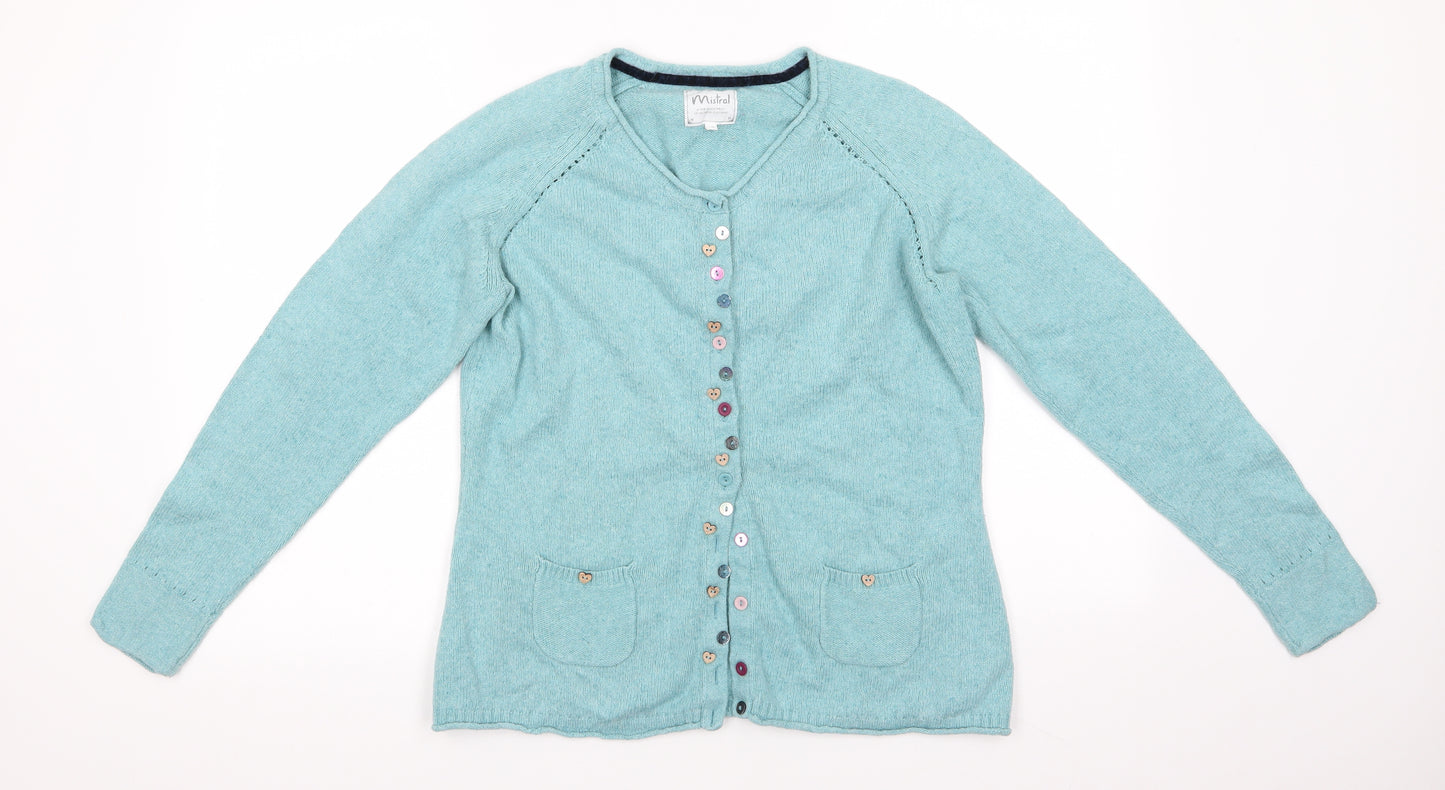 Mistral Womens Green Round Neck  Cotton Cardigan Jumper Size 16   - Multi Type Buttons