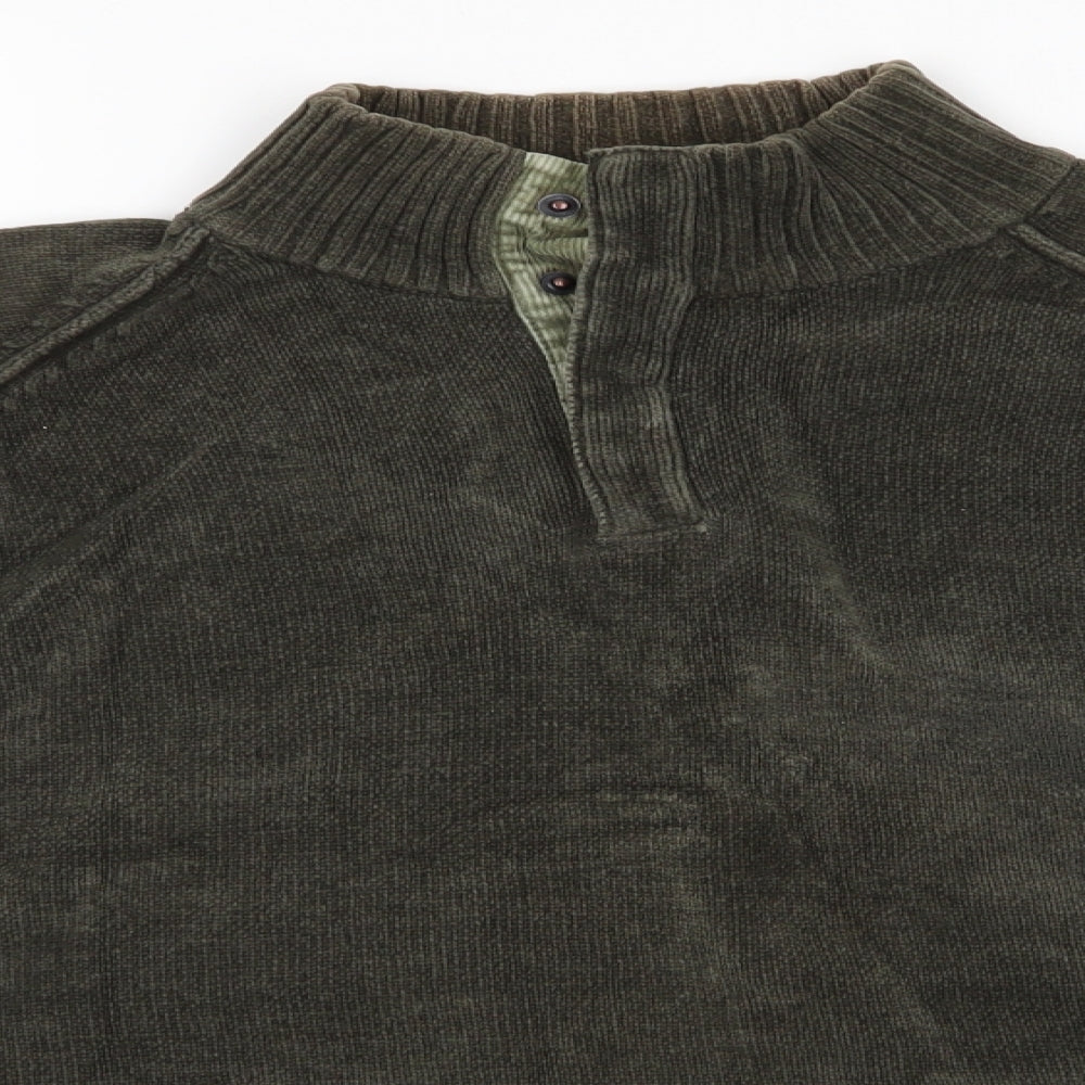 Blue Harbour Mens Green High Neck  Cotton Henley Jumper Size XL   - Dark Green Henley with buttons Very Soft