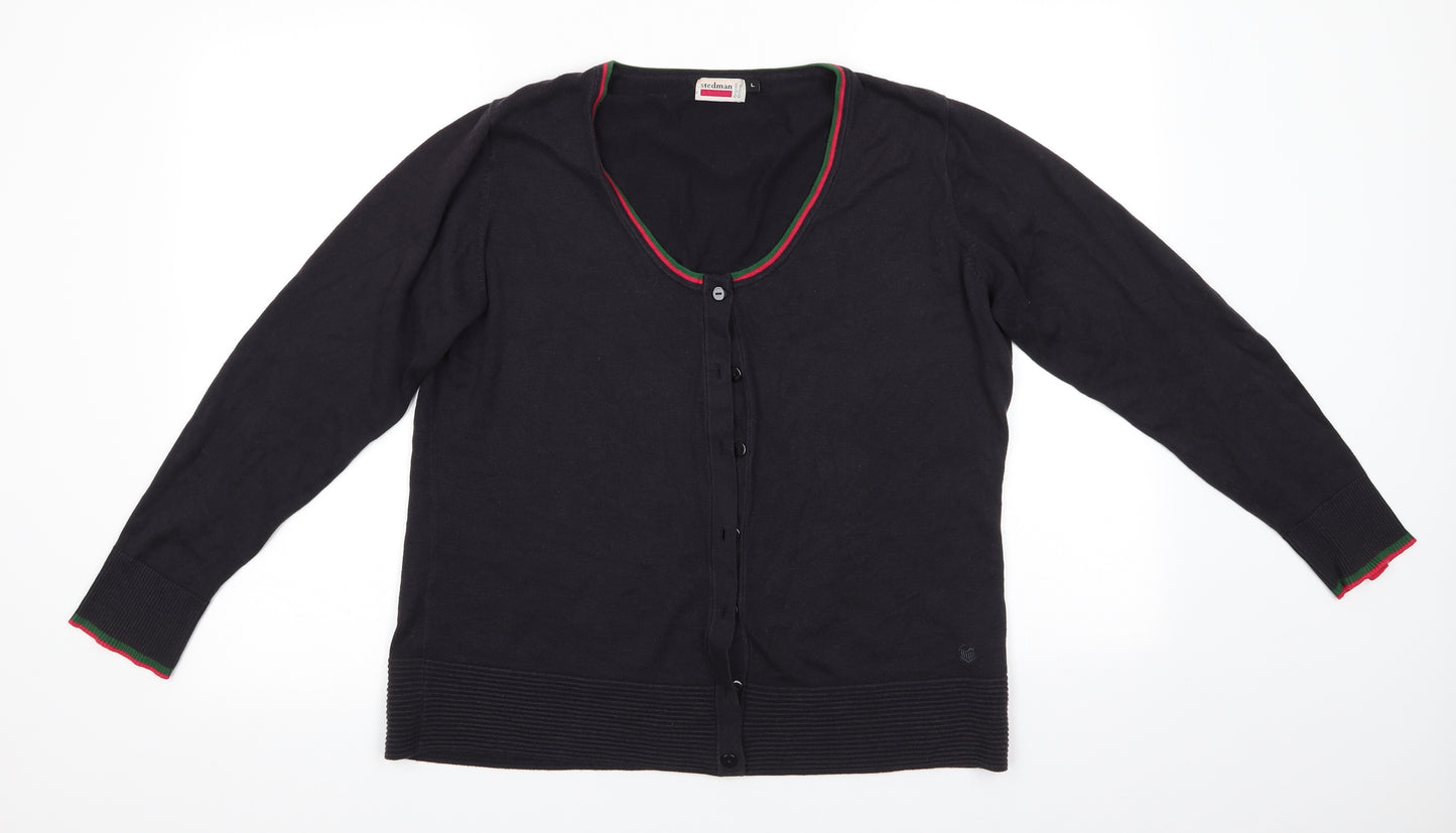 Stedman Womens Black Round Neck  Cotton Cardigan Jumper Size L   - Red Green Trim